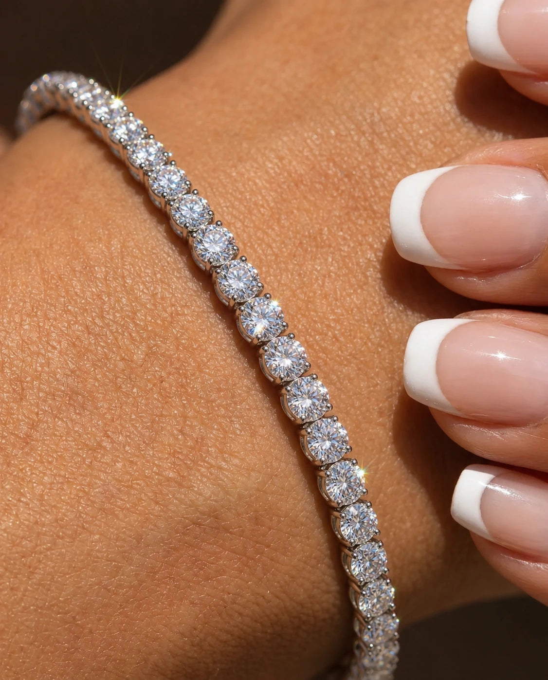 Tennis bracelet silver 3mm close up female model