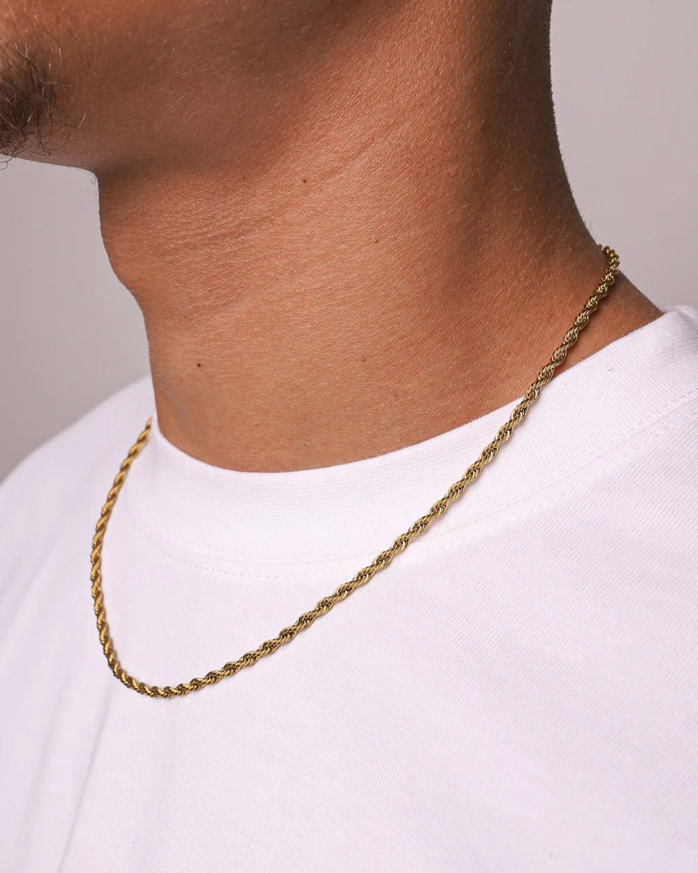 Gold rope chain necklace worn product photo