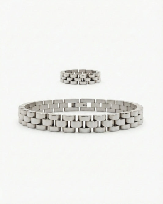 Silver link bracelet + ring set product image